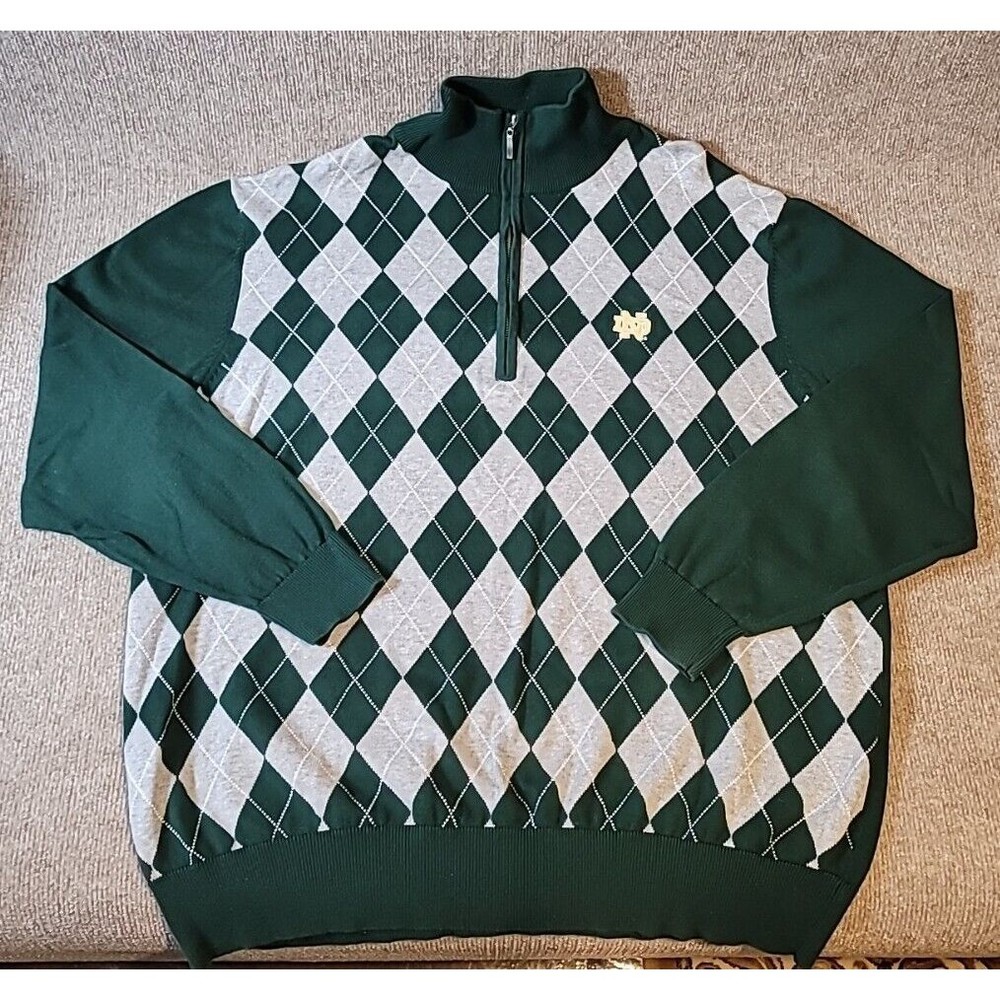 Notre Dame Gold Brand Men's XL Argyle Sweater 1/4 Zip Long Sleeve Green & Grey